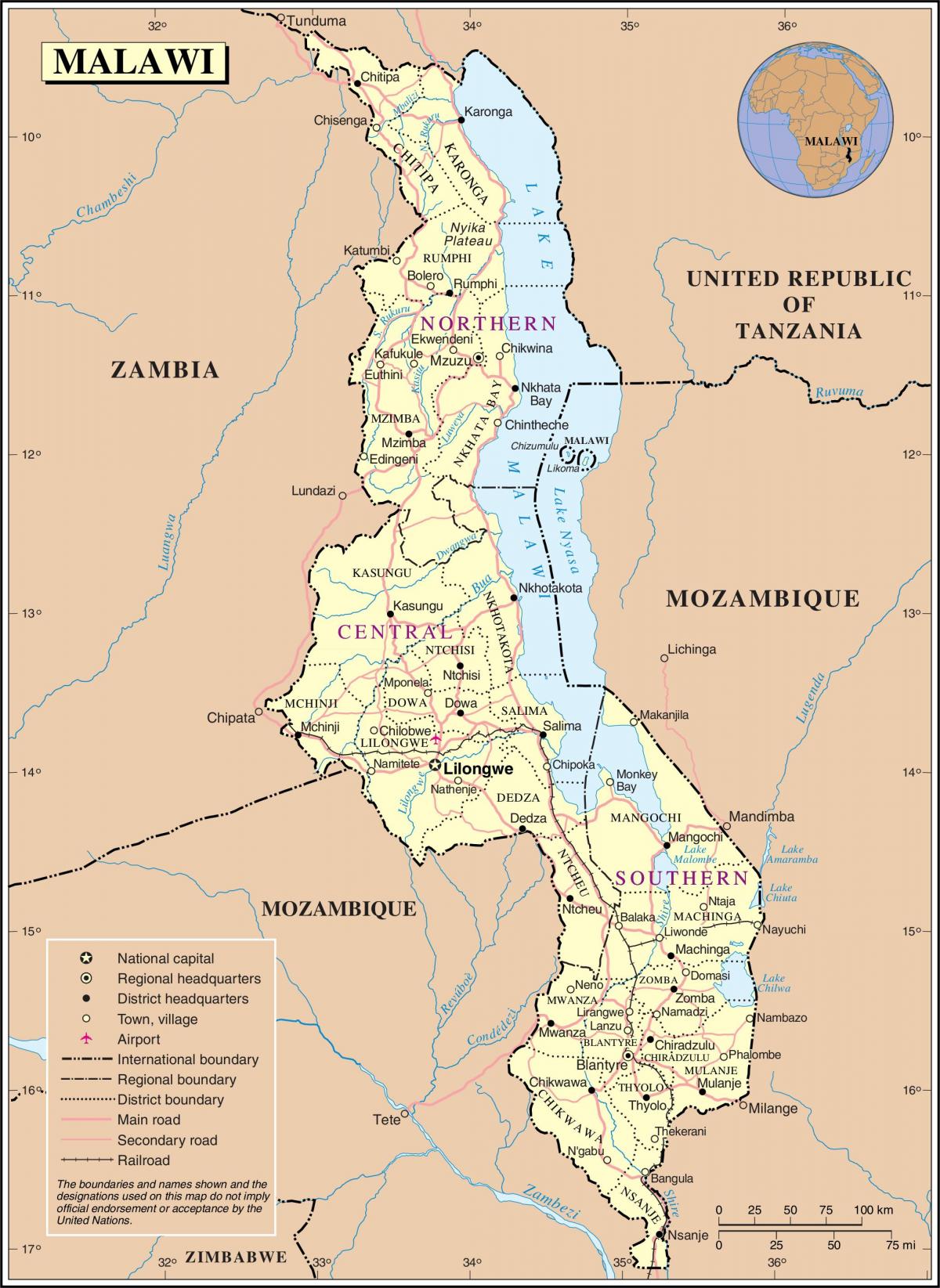mapa de Malawi mostrant camins